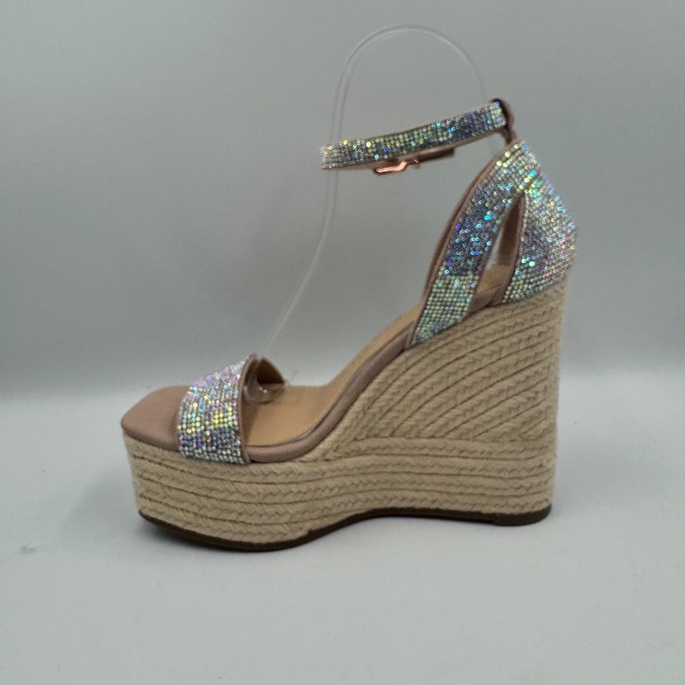 Gianni Bini Rhinestone Espadrille Wedge Sandals Rose Gold Square Toe Size 6M